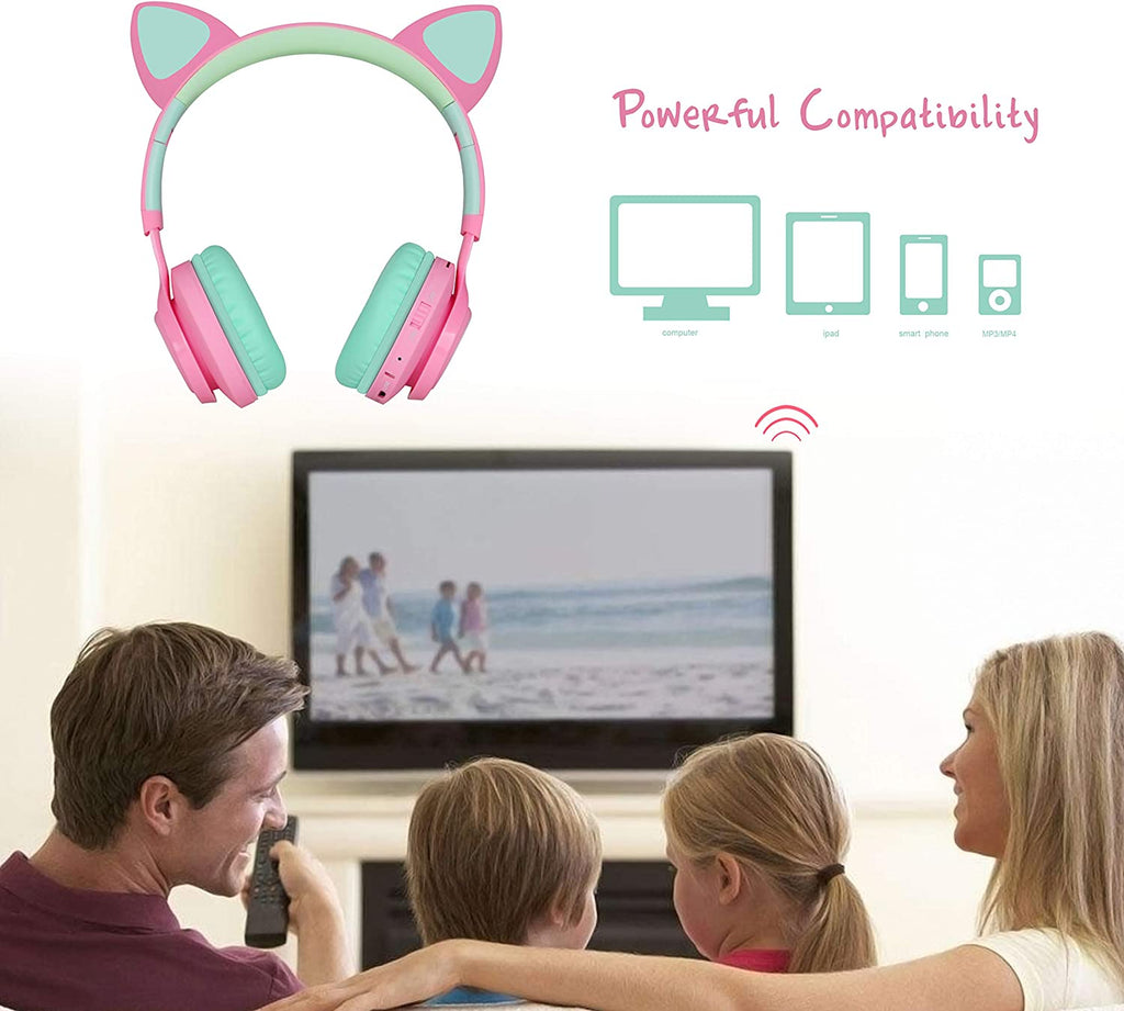 CT-7 Cat Ear Bluetooth Headphones for Kids - LED Light Up, Wireless Over-Ear Design with Microphone & Volume Control - Perfect for Travel, School, Smartphones, Laptops, and TVs (Pink & Green)