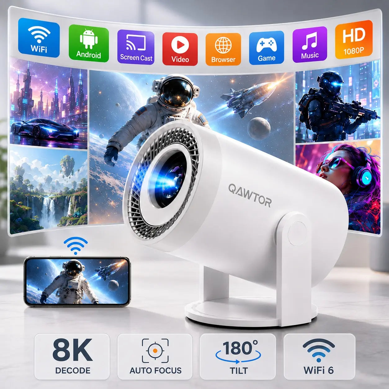 Ultra-Bright 300 Lumens Mini Projector - 4K Smart Projector with Short Throw & 235" Display for Home Theater & Travel