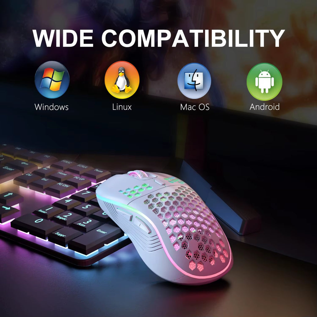 2.4GHz Wireless RGB Backlit Gaming Mouse with 6 Buttons, Adjustable 3-Speed DPI, Type-C Rechargeable, Ergonomic Honeycomb Design