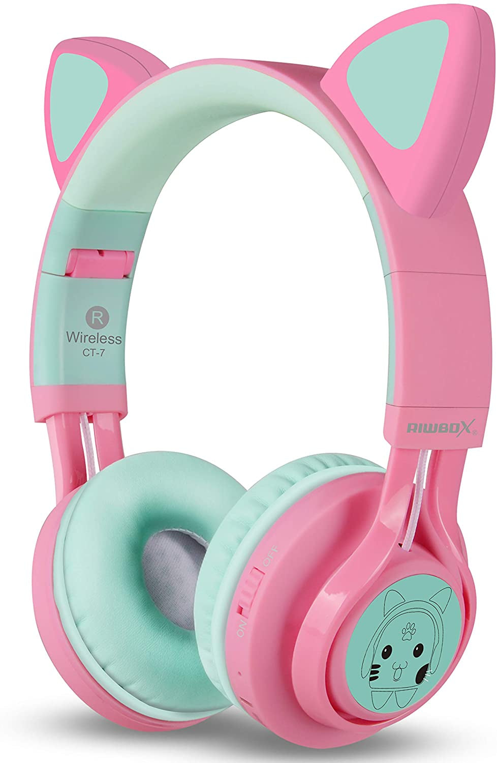 CT-7 Cat Ear Bluetooth Headphones for Kids - LED Light Up, Wireless Over-Ear Design with Microphone & Volume Control - Perfect for Travel, School, Smartphones, Laptops, and TVs (Pink & Green)