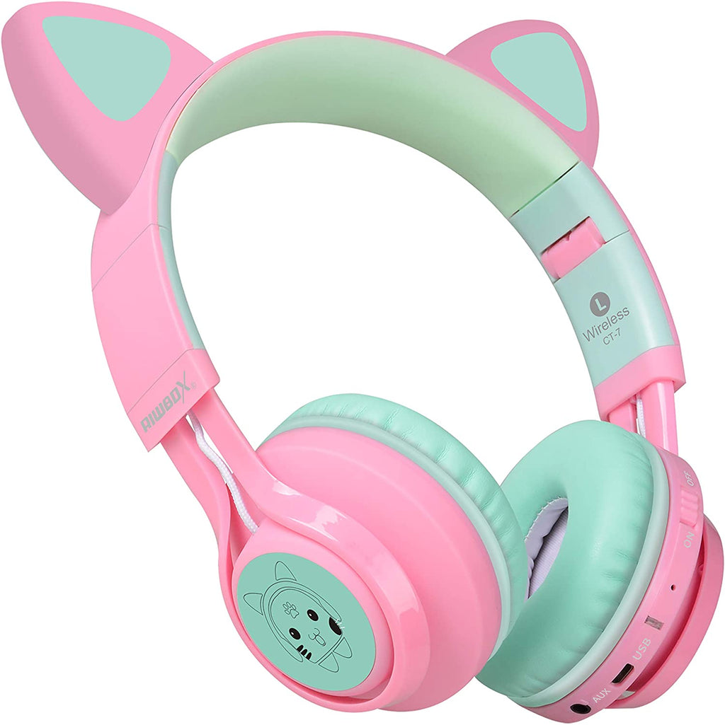 CT-7 Cat Ear Bluetooth Headphones for Kids - LED Light Up, Wireless Over-Ear Design with Microphone & Volume Control - Perfect for Travel, School, Smartphones, Laptops, and TVs (Pink & Green)