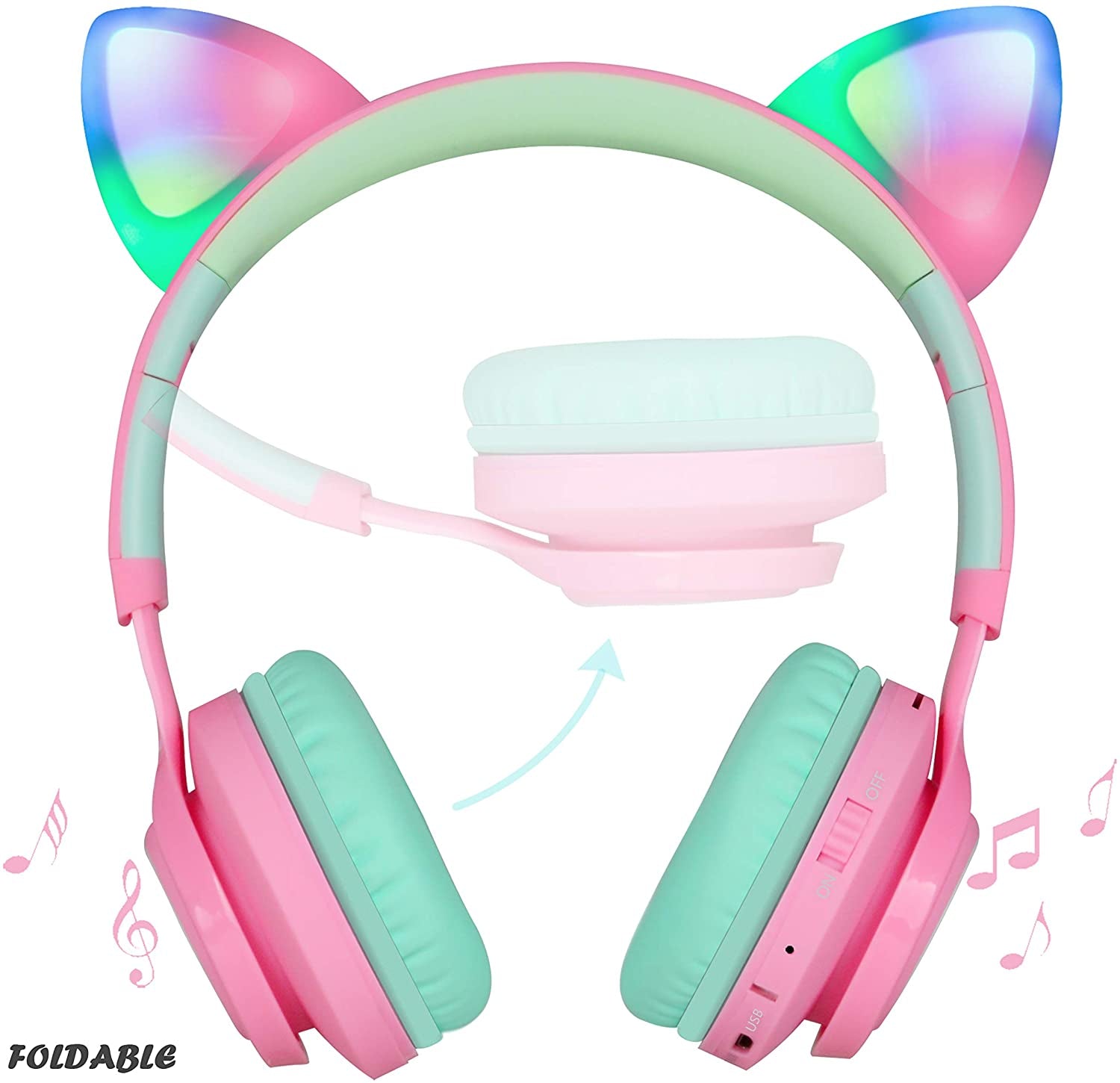 CT-7 Cat Ear Bluetooth Headphones for Kids - LED Light Up, Wireless Over-Ear Design with Microphone & Volume Control - Perfect for Travel, School, Smartphones, Laptops, and TVs (Pink & Green)