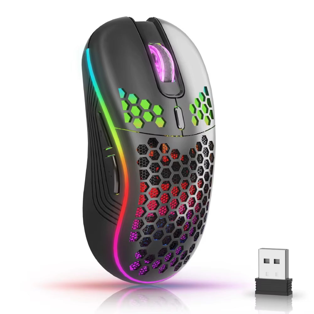 2.4GHz Wireless RGB Backlit Gaming Mouse with 6 Buttons, Adjustable 3-Speed DPI, Type-C Rechargeable, Ergonomic Honeycomb Design