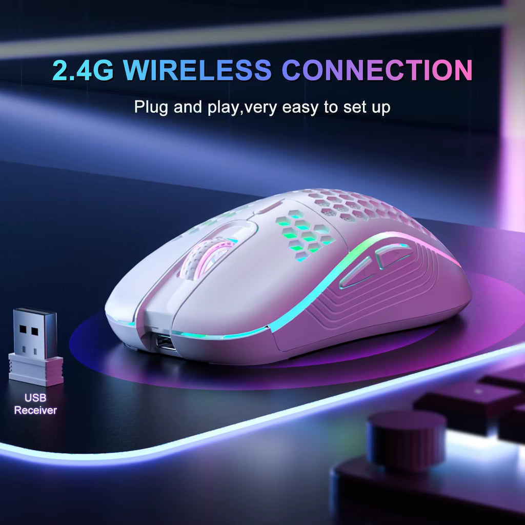 2.4GHz Wireless RGB Backlit Gaming Mouse with 6 Buttons, Adjustable 3-Speed DPI, Type-C Rechargeable, Ergonomic Honeycomb Design