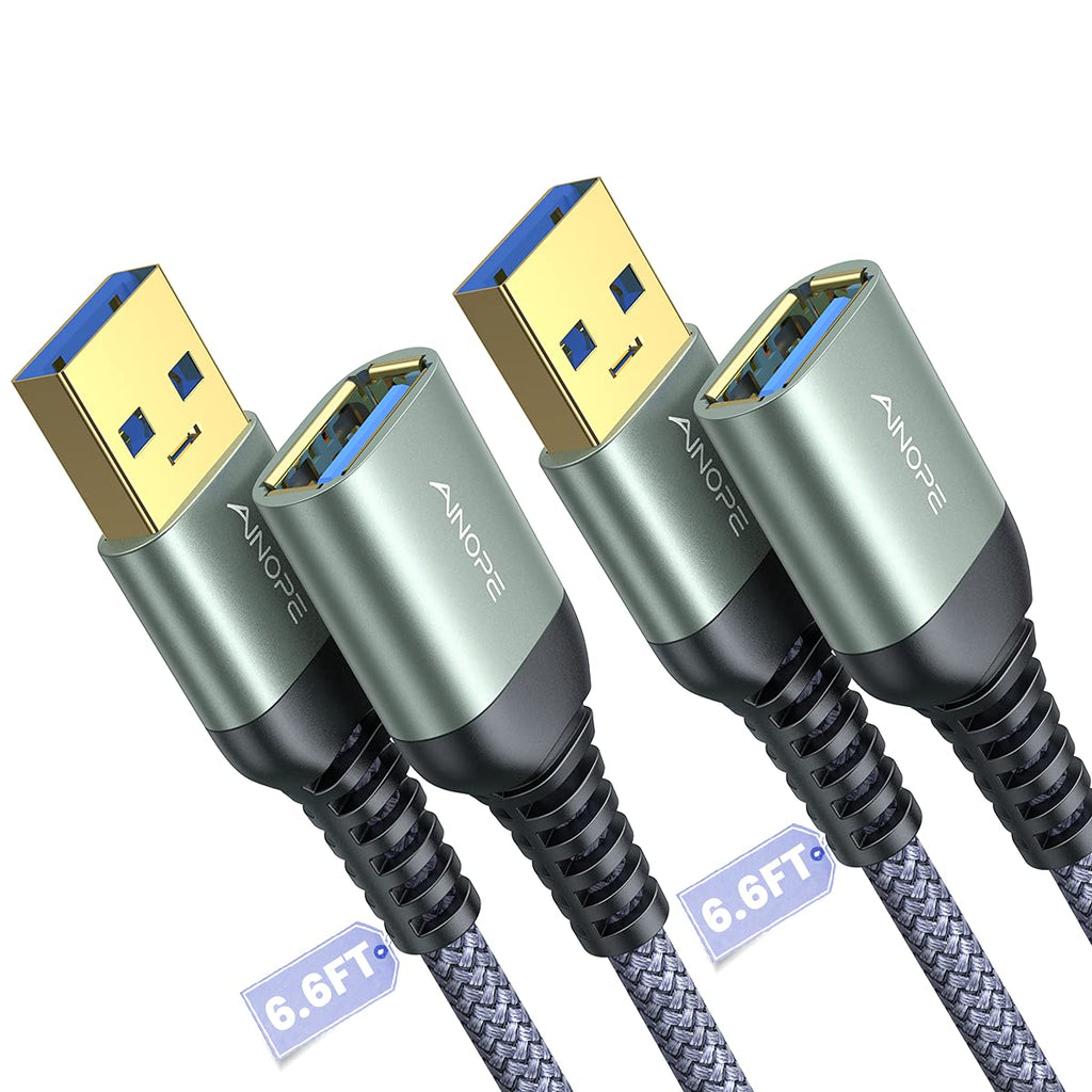 High-Speed USB 3.0 Extension Cables - 2 Pack, 6.6Ft Each, Durable Braided Design, Fast Data Transfer for Keyboard, Mouse, and Flash Drives - Grey