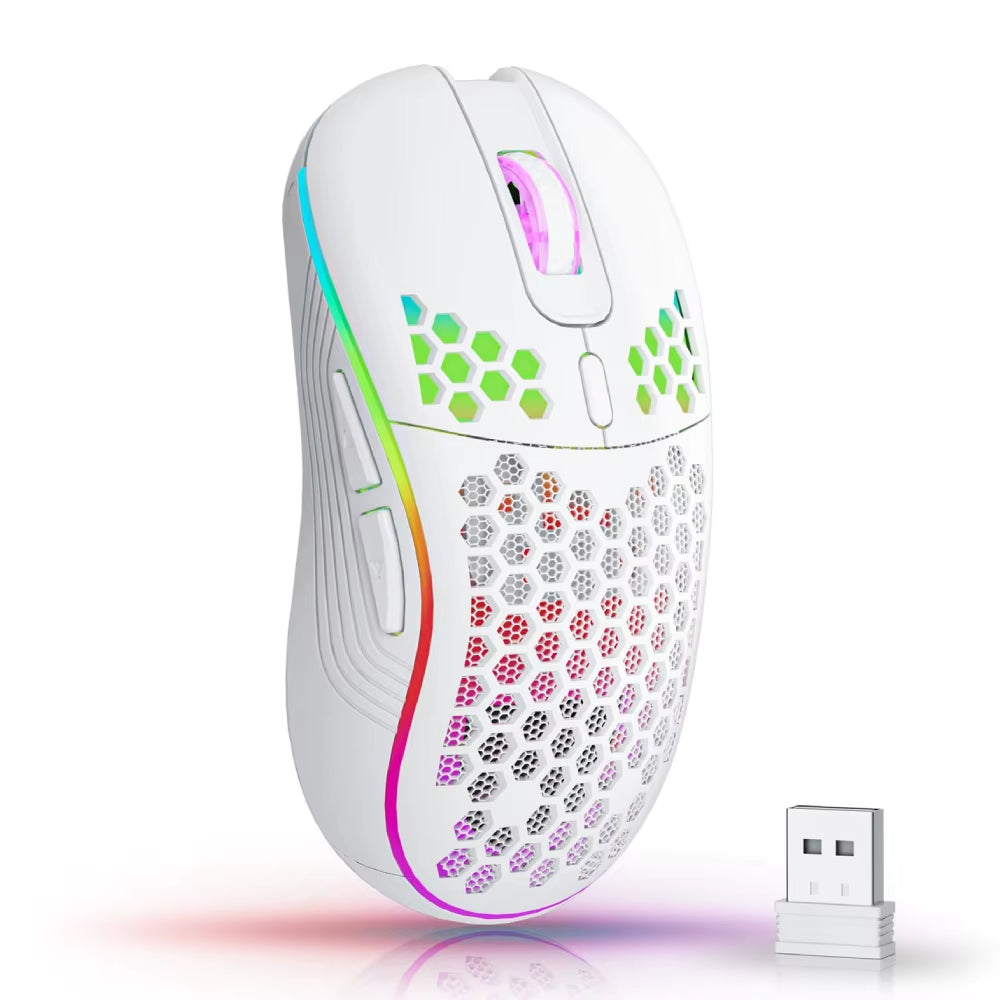 2.4GHz Wireless RGB Backlit Gaming Mouse with 6 Buttons, Adjustable 3-Speed DPI, Type-C Rechargeable, Ergonomic Honeycomb Design