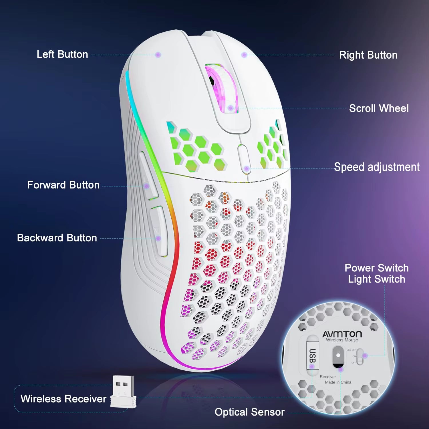 2.4GHz Wireless RGB Backlit Gaming Mouse with 6 Buttons, Adjustable 3-Speed DPI, Type-C Rechargeable, Ergonomic Honeycomb Design