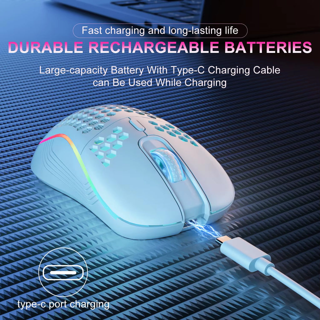 2.4GHz Wireless RGB Backlit Gaming Mouse with 6 Buttons, Adjustable 3-Speed DPI, Type-C Rechargeable, Ergonomic Honeycomb Design