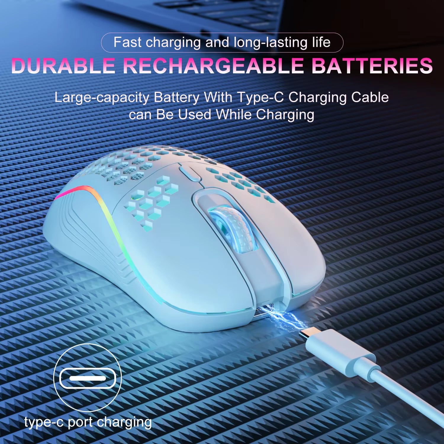 2.4GHz Wireless RGB Backlit Gaming Mouse with 6 Buttons, Adjustable 3-Speed DPI, Type-C Rechargeable, Ergonomic Honeycomb Design