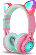CT-7 Cat Ear Bluetooth Headphones for Kids - LED Light Up, Wireless Over-Ear Design with Microphone & Volume Control - Perfect for Travel, School, Smartphones, Laptops, and TVs (Pink & Green)