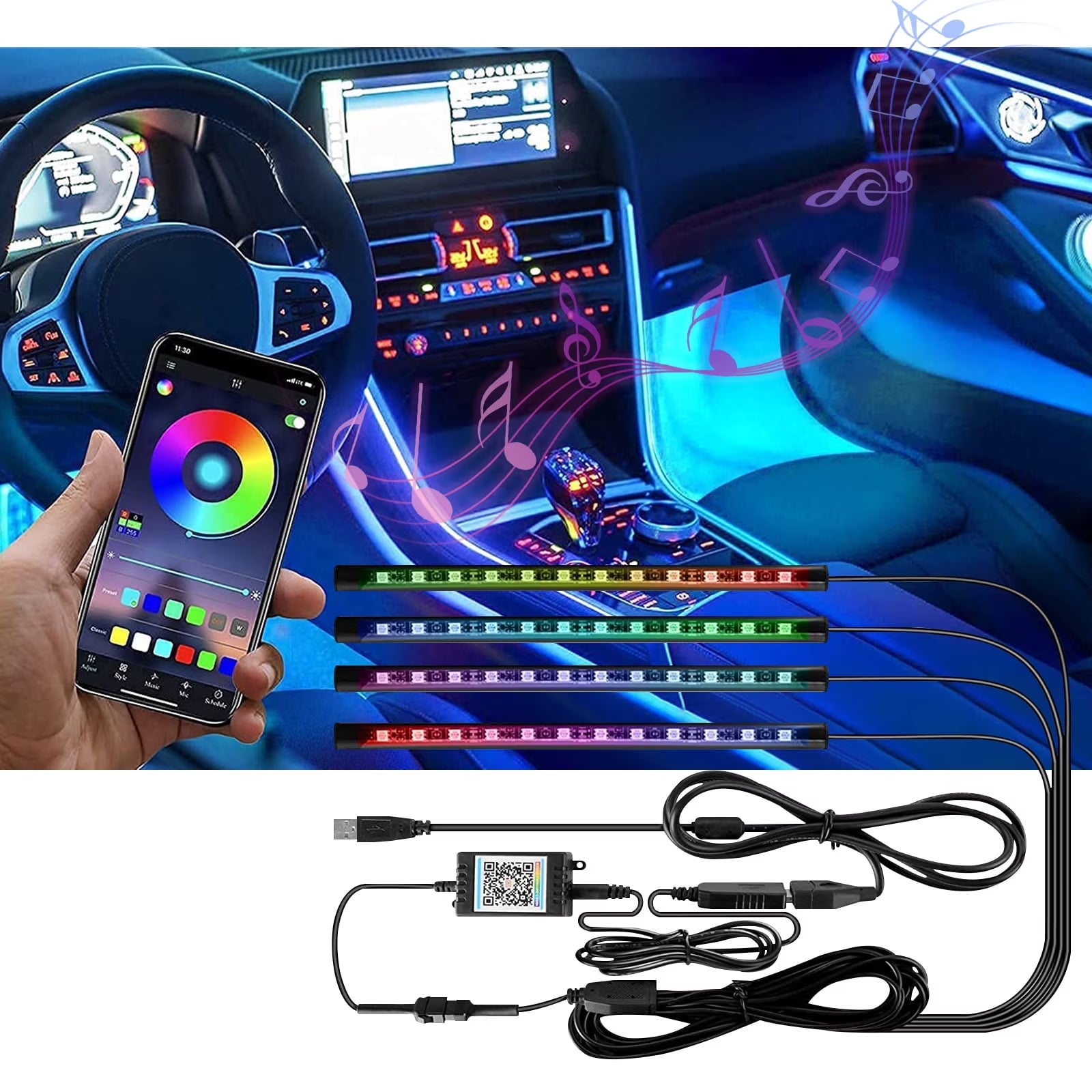 Transform your ride with our 4 Pcs Multi-Color LED Car Light Strips! 🎶✨ Sync with your music and control via app for the ultimate vibe! 🚗💡 #CarGlow #InteriorLighting