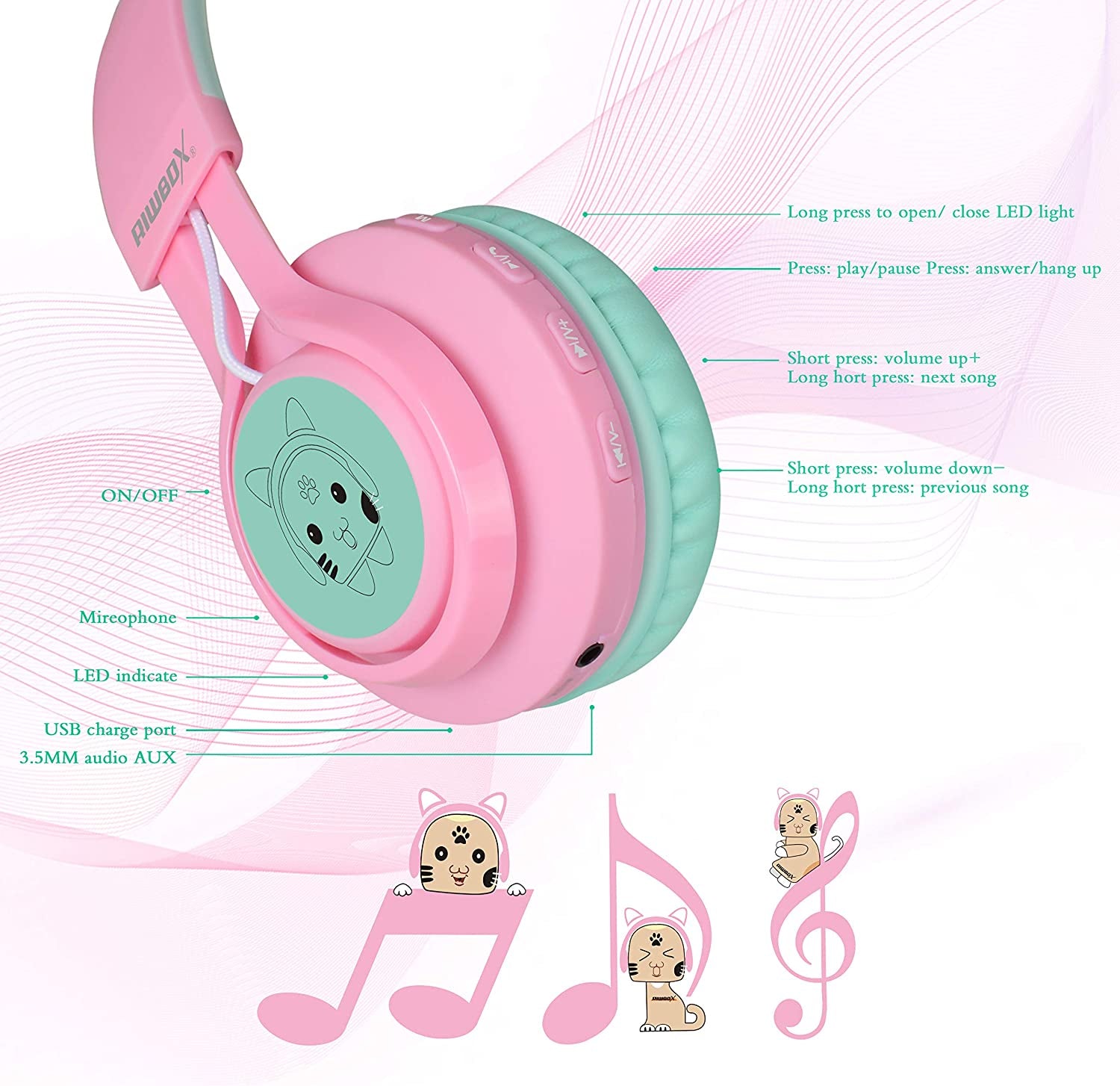 CT-7 Cat Ear Bluetooth Headphones for Kids - LED Light Up, Wireless Over-Ear Design with Microphone & Volume Control - Perfect for Travel, School, Smartphones, Laptops, and TVs (Pink & Green)