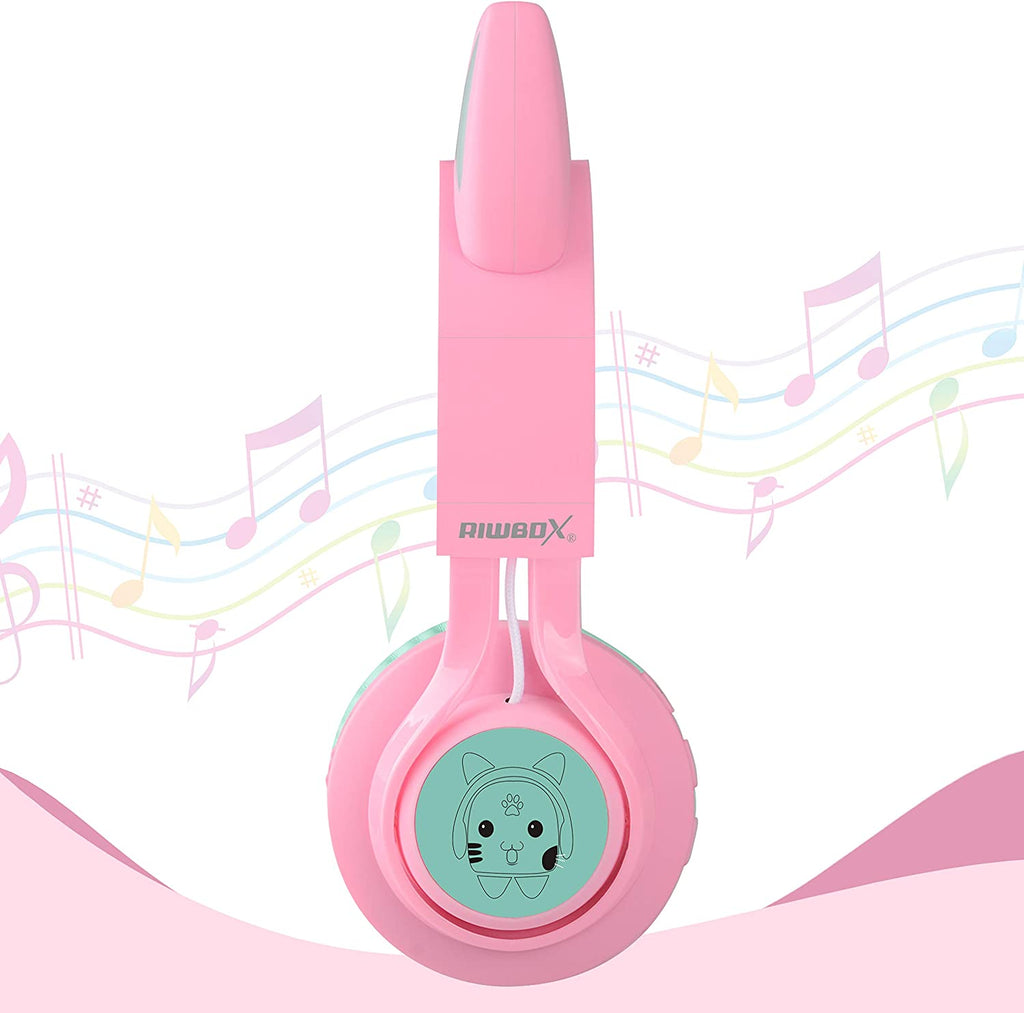 CT-7 Cat Ear Bluetooth Headphones for Kids - LED Light Up, Wireless Over-Ear Design with Microphone & Volume Control - Perfect for Travel, School, Smartphones, Laptops, and TVs (Pink & Green)